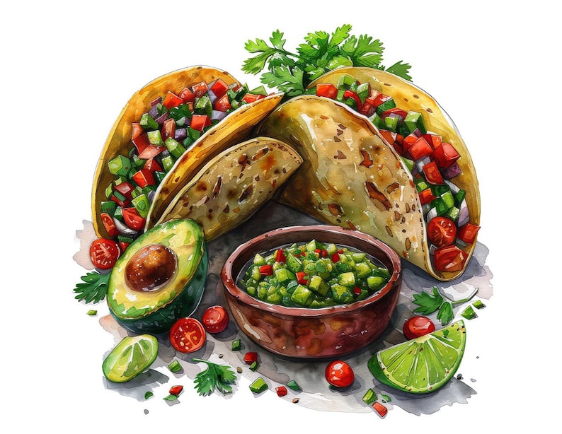 Taco PNG Clipart, 12x Mexican Food Clip Art Set, Printable Watercolor Taco Clipart, Transparent PNG, Digital Download, Fiesta Party Decor image 13