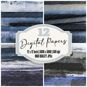 May include: A collection of 12 digital papers with abstract watercolor designs in shades of blue, black, and white. Each paper is 12 x 12 inches and high quality. The image includes the text "Digital Papers".