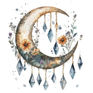 May include: Watercolor painting of a crescent moon with a floral design and hanging crystal pendants. The moon is painted in shades of brown and gold, with delicate flowers and leaves in shades of blue, purple, and yellow. The crystals are a deep blue color.