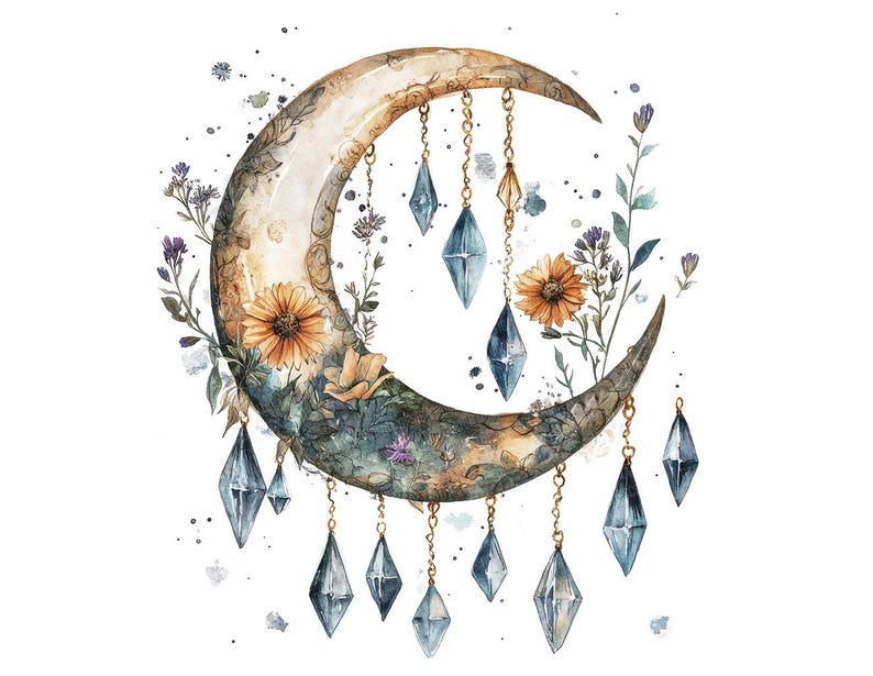 May include: Watercolor painting of a crescent moon with a floral design and hanging crystal pendants. The moon is painted in shades of brown and gold, with delicate flowers and leaves in shades of blue, purple, and yellow. The crystals are a deep blue color.