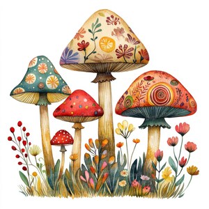 May include: A watercolor painting of five colorful mushrooms with intricate patterns. The mushrooms are surrounded by green leaves and flowers.