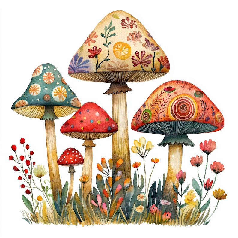 May include: A watercolor painting of five colorful mushrooms with intricate patterns. The mushrooms are surrounded by green leaves and flowers.