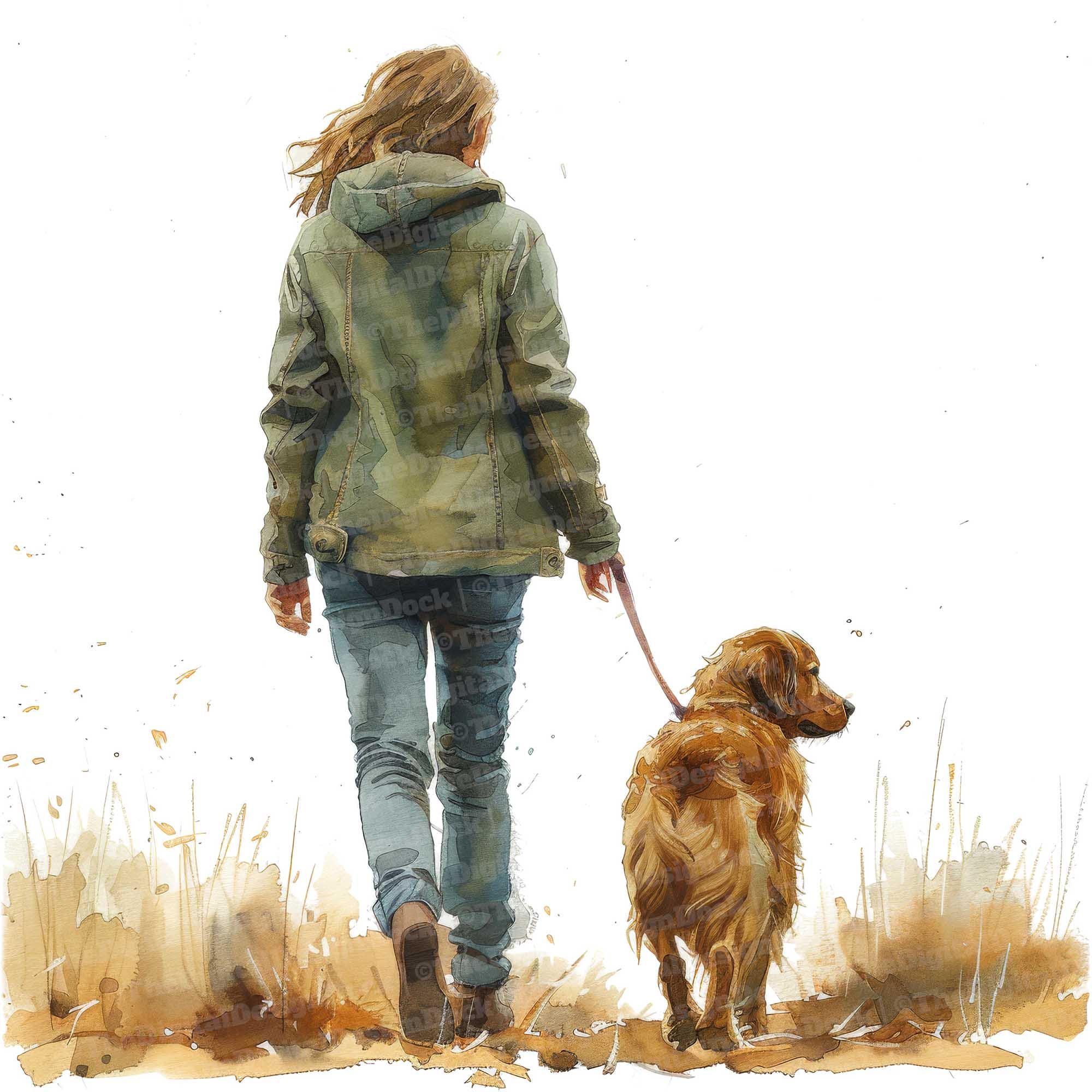 12 犬の散歩をする女性のクリップアート、水彩画の犬の散歩をする人の