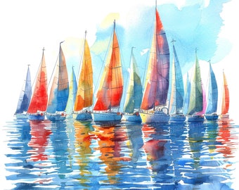 Sailboat Regatta Clipart, 12 JPGs, Sailing Clip Art, Printable Image, Illustration, Wall Art, Digital Download, Junk Journals, Graphics