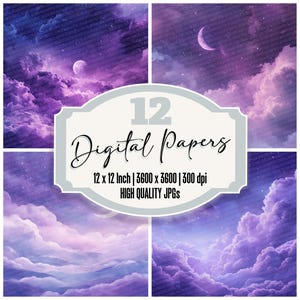 12 x lavendel Star Drift Junk Journal Paper Digital Paper Pack Celestial Sky achtergronden maan wolken hoge kwaliteit jpg's afdrukbaar papier