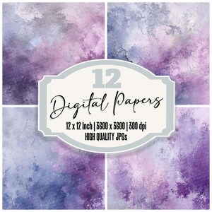 May include: A digital art composition featuring twelve digital papers with a textured, abstract design in shades of purple, blue, and grey. The image includes text that reads "12 Digital Papers" and details about the size and resolution.