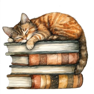 May include: A tabby cat sleeps on a stack of vintage books with brown, cream, and gold covers. The cat is curled up with its head resting on the top book.