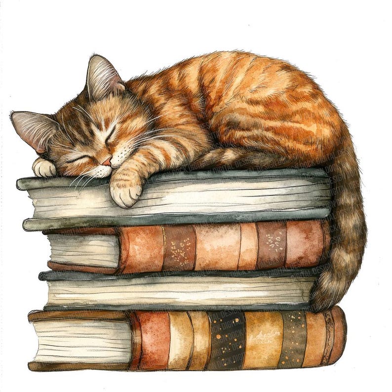 May include: A tabby cat sleeps on a stack of vintage books with brown, cream, and gold covers. The cat is curled up with its head resting on the top book.