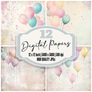 12x Watercolor Balloon Digital Paper Pack, Distressed Party Junk Journal Paper, Shabby Chic Backgrounds, Printable Paper, Digital Download