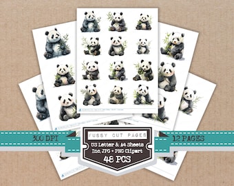 Láminas recortables de acuarela con diseño de panda, 12 páginas imprimibles, recortes para diario creativo, efímeros para hacer tarjetas, imprime y recorta, descarga digital.