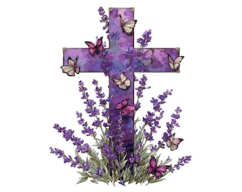 Imágenes prediseñadas PNG de cruz, conjunto de 12 imágenes prediseñadas florales de lavanda, imágenes prediseñadas cristianas en acuarela imprimibles, descarga digital, PNG transparente, diario creativo