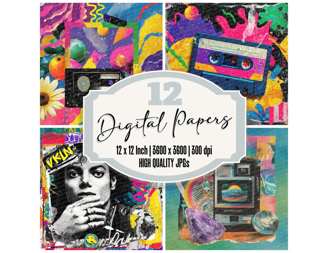 12x Retro Neon Digital Paper Pack 90s Junk Journal Paper Colorful