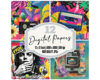May include: A collage of four colorful digital paper designs. The designs include a cassette tape, a vintage camera, a portrait of Michael Jackson, and abstract art. The text reads "12 Digital Papers" and specifies dimensions of 12 x 12 inches.