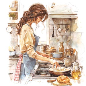 12 clipart de mulher assando, clipart de cena de cozinha em aquarela, clipart para impressão, artesanato em papel, arte de parede, download digital, diários de lixo