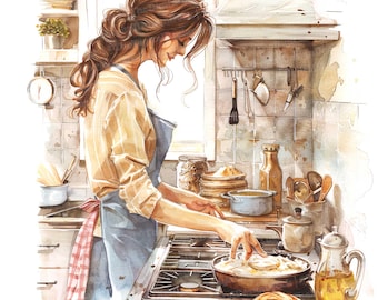 12 Woman Baking Clipart, Watercolor Kitchen Scene Clipart, Printable Clipart, Paper Crafts, Wall Art, Digital Download, Junk Journals