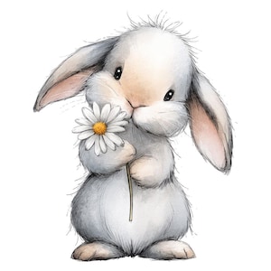 May include: A watercolor illustration of a fluffy white bunny holding a daisy. The bunny has long ears, a soft gray and white coat, and big black eyes. The daisy has white petals and a yellow center.