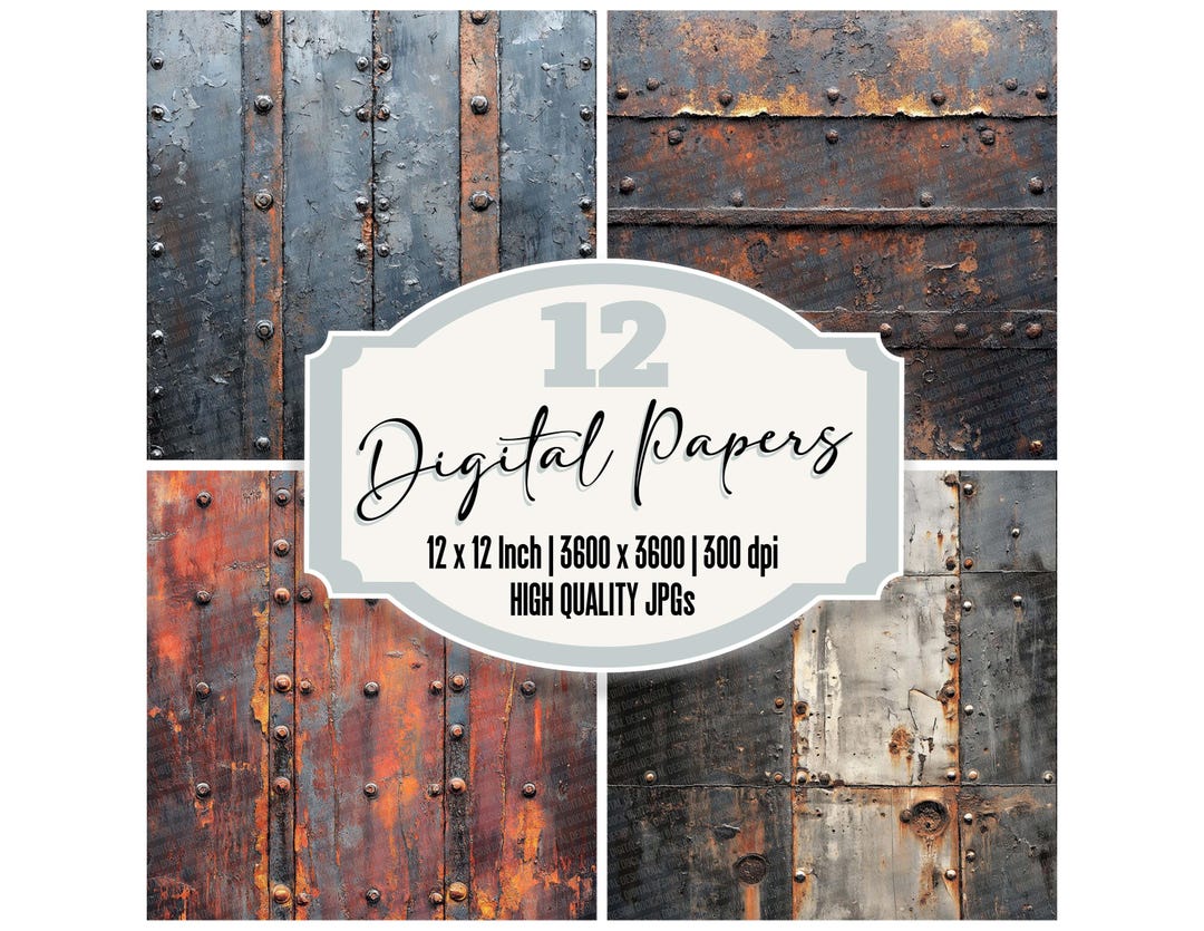 12 Distressed Metal Digital Paper, Rusted Steel Junk Journal Paper Pack ...