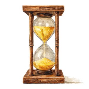May include: Watercolor illustration of an hourglass. The wooden frame is a warm brown, supporting two clear glass bulbs filled with yellow sand. The sand is flowing from the top bulb to the bottom, indicating the passage of time.