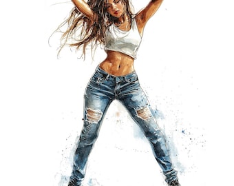 May include: A watercolour illustration of a woman with long brown hair wearing a white tank top and blue jeans with rips. She is posing with her hands on her head.