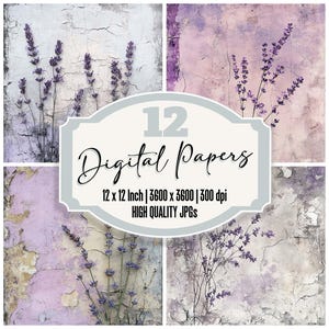 Confezione da 12 fogli di carta digitale rustica lavanda, carta da giornale in gesso invecchiato, texture floreale provenzale, JPG di alta qualità, download digitale