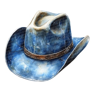 May include: A blue denim cowboy hat with a brown leather band and a silver buckle. The hat has a worn and distressed look, giving it a vintage feel.