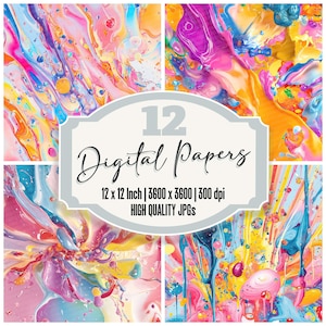 12 Candy Coated Chaos Junk Journal Paper, Confezione di carta digitale astratta, Spruzzi di vernice vibranti, JPG di alta qualità, Carta per scrapbooking, Download digitale