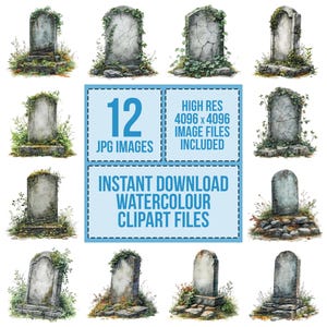 12 vintage grafsteen clipart, graf marker aquarel, afdrukbare aquarel clipart, papier ambachten, kunst aan de muur, digitale download, ongewenste tijdschriften