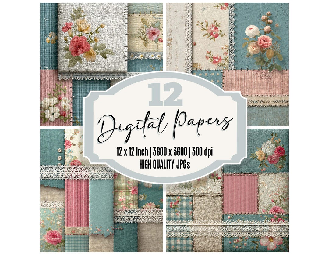 12x Shabby Patchwork Digital Paper Pack Ivory Teal Junk Journal Paper ...