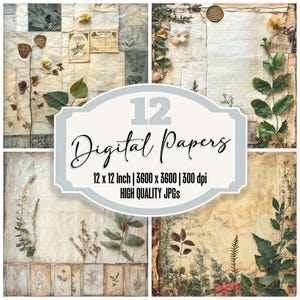 12x Scrap Botanical Junk Journal Paper Pack de papier numérique Arrière-plans éphémères victoriens JPG haute qualité à télécharger