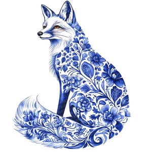 12 x Delft Fox PNG Clip Art, aquarelle renard floral Design, ensemble de cliparts imprimables, téléchargement numérique, scrapbooking, créations en papier, journaux