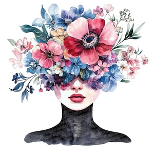 Può includere: Dipinto ad acquerello di una donna con il viso coperto da fiori colorati. I fiori sono rosa, blu e viola. La donna ha un collo e le spalle nere.