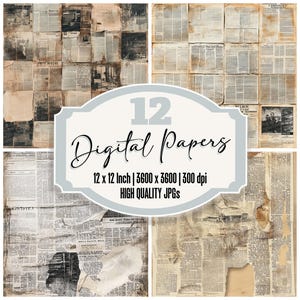 12x Vintage Newspaper Junk Journal Paper Digital Paper Pack Aged Newsprint Distressed Texture High Quality JPGs Digital Download Old News