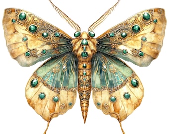 May include: A moth illustration featuring tan and teal wings adorned with circular green gemstone accents. The body is covered in golden fur with embedded green stones, and the wings display intricate gold filigree patterns and fine antennae.