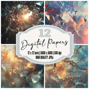 May include: Twelve digital papers featuring abstract designs of broken glass with a variety of colors, including blue, green, orange, and yellow. The papers are 12 inches by 12 inches and have a resolution of 3600 by 3600 pixels at 300 dpi.