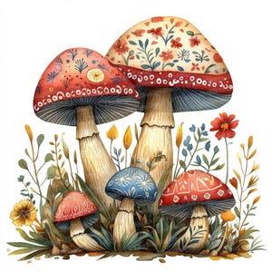 May include: A watercolor painting of five mushrooms with red, blue, and white patterned caps. The mushrooms are surrounded by green foliage and yellow flowers.