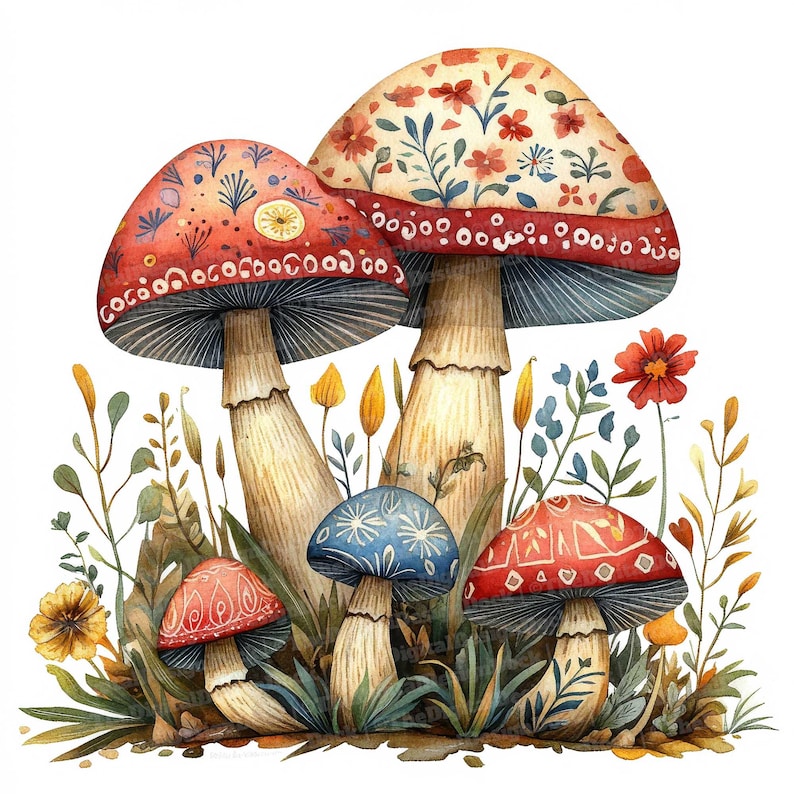 May include: A watercolor painting of five mushrooms with red, blue, and white patterned caps. The mushrooms are surrounded by green foliage and yellow flowers.