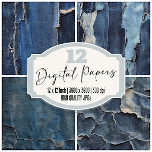 12x Distressed Denim Junk Journal Paper,Torn Fabric Digital Paper Pack,Vintage Blue Textile Texture, Grunge Scrapbook Backgrounds,Blue Jeans