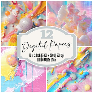 12 x Candy Grid Collapse Junk Journal Paper Pack de papier numérique Texture Pastel abstraite Retro futuriste Swirl JPG de haute qualité Imprimable