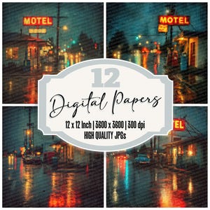 May include: A collage of four digital papers featuring vintage motel scenes at night. Each image shows a motel sign, reflections on wet pavement, and colorful lights. The text "12 Digital Papers" is displayed in a decorative frame.
