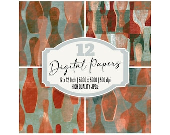 12x Maximalist Bowling Pins Junk Journal Paper Terracotta Sage Distressed Texture Scrapbook Paper Digital Download Junk Journal Cut Outs