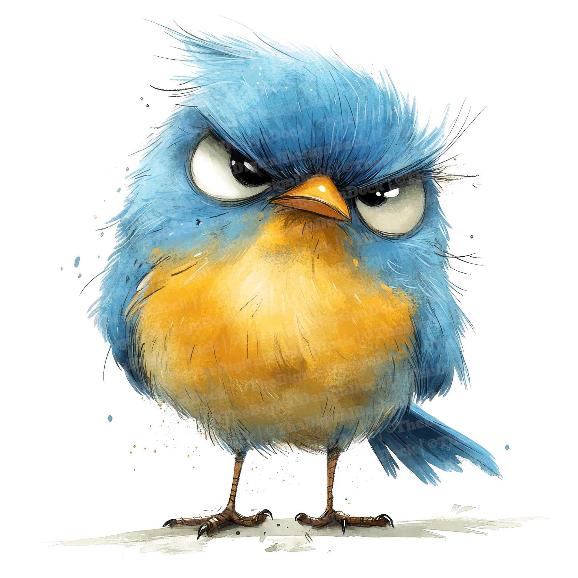 12x Grumpy Bird Clipart, Crazy Blue Bird, Digital Watercolor ...
