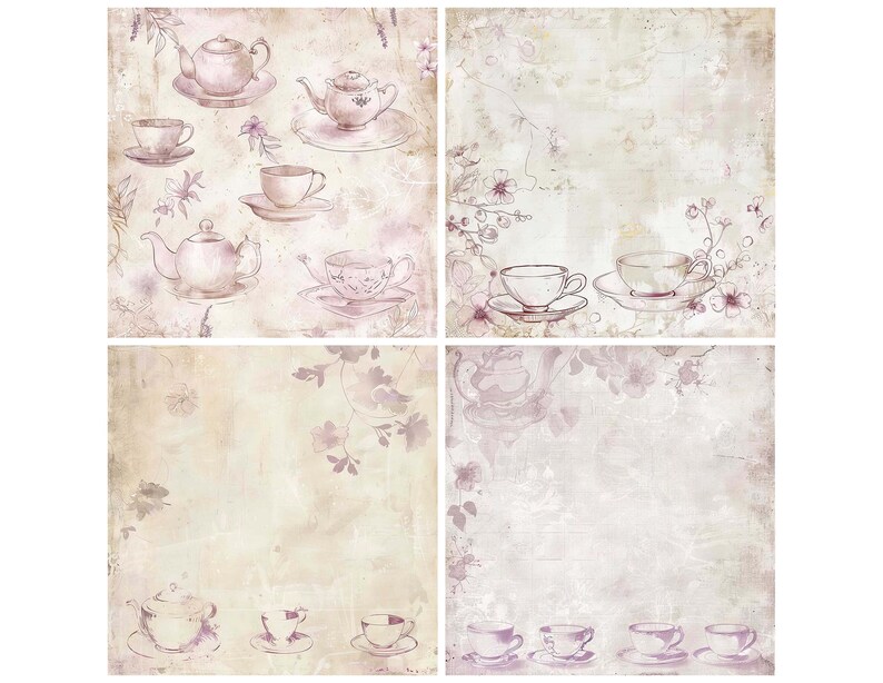 12x Vintage Tea Set Junk Journal Paper, Floral Digital Paper Pack ...