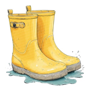 Puede incluir: Ilustración de un par de botas de agua amarillas. Las botas están representadas en estilo acuarela, con suela marrón claro y hebilla lateral. Están en un charco de agua, con gotas alrededor.