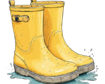 12 imágenes prediseñadas PNG de botas amarillas, conjunto de imágenes prediseñadas de botas de lluvia en acuarela, ilustraciones de botas de goma imprimibles, PNG transparente, descarga digital JPG