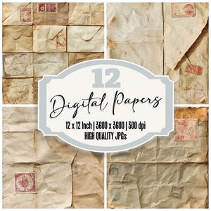 12 Antique Mail Digital Paper,Junk Journal Paper Pack,Aged Envelope & Stamp Texture,Distressed Vintage Backgrounds,Printable Scrapbook Paper