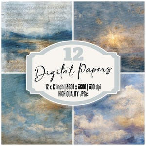 Könnte beinhalten: Eine Sammlung von 12 digitalen Papieren mit Aquarellästhetik. Die Papiere zeigen eine Mischung aus Blau-, Gold- und Weißtönen mit einem strukturierten, wolkigen Aussehen. Das Bild enthält den Text "12 Digital Papers" und Details zu Größe und Auflösung.