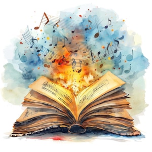 12 notas musicales de libros vintage, clipart musical, clipart de acuarela imprimible, arte mural, manualidades de papel, descarga digital, revistas basura