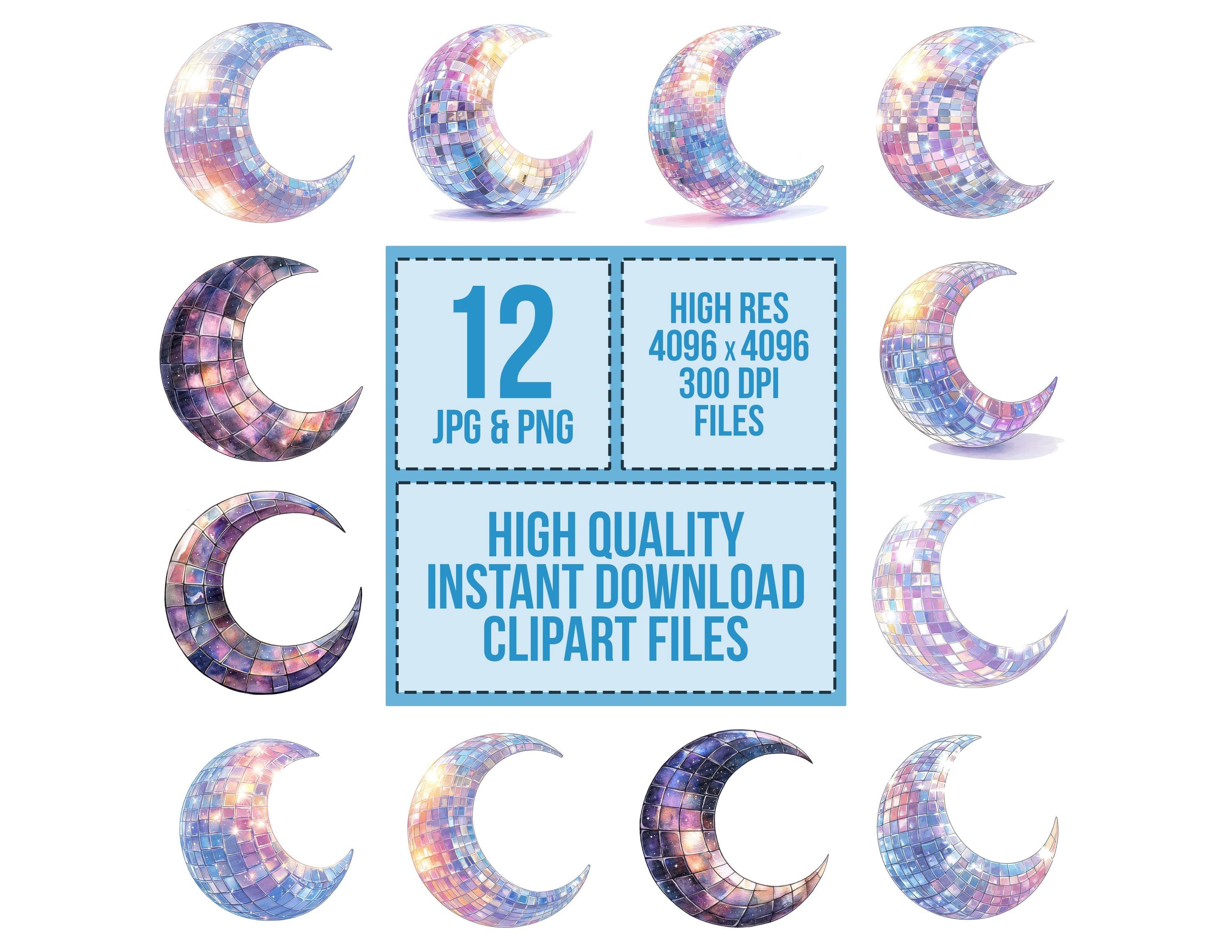 Crescent Moon Clip Art, 12x Disco Moon Mirror Ball PNG Clipart, Printable  Watercolor Clip Art, Digital Download, Transparent PNG - Etsy, image size:3000x2319