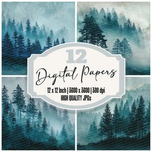 12x Forest Mist Silhouette Junk Journal Paper Foggy Pine Digital Paper Pack Woodland Backgrounds Printable Paper High Quality JPGs