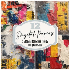 12x Urban Gig Flyer Junk Journal Paper Distressed Poster Carta Digitale Confezione Rosso Giallo Rumore Texture JPG di Alta Qualità Carta da Scrapbooking